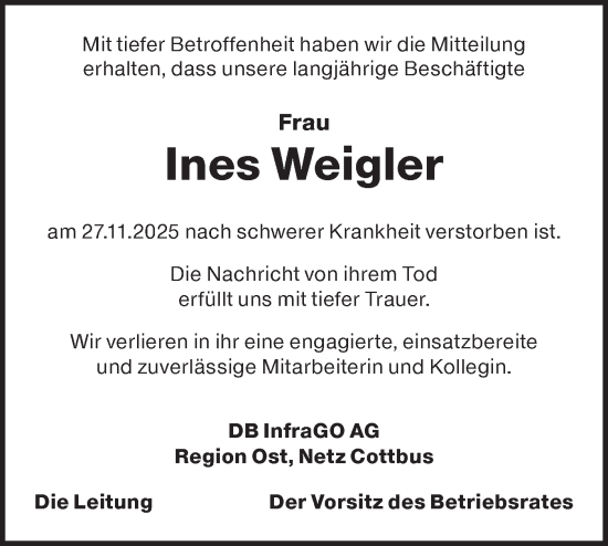 Traueranzeige von Ines Weigler von Märkische Oderzeitung