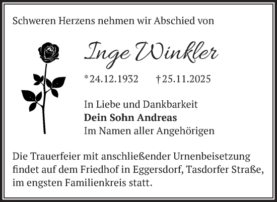 Traueranzeige von Inge Winkler von Märkische Oderzeitung