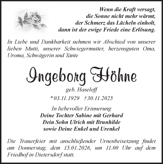 Traueranzeige von Ingeborg Höhne von Blickpunkt Jüterbog/Luckenwalde