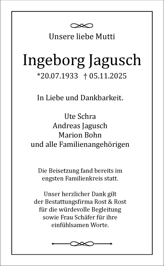 Traueranzeige von Ingeborg Jagusch von Märkische Oderzeitung