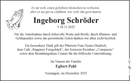 Traueranzeige von Ingeborg Schröder von Märkische Oderzeitung
