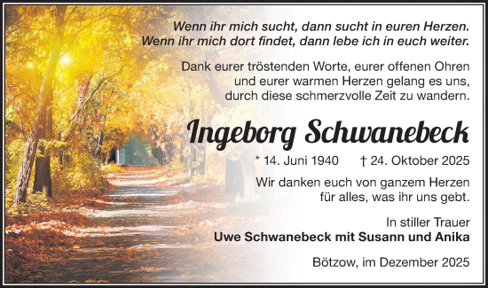 Traueranzeige von Ingeborg Schwanebeck von Märkische Oderzeitung