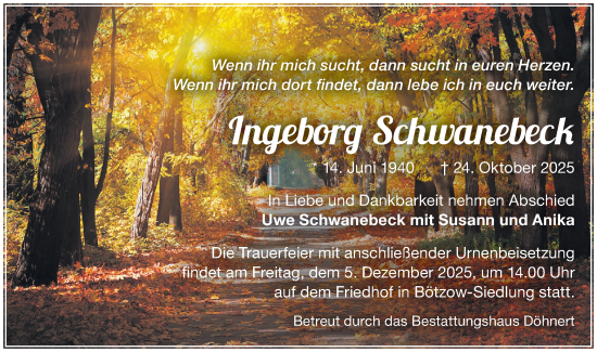 Traueranzeige von Ingeborg Schwanebeck von Märkische Oderzeitung