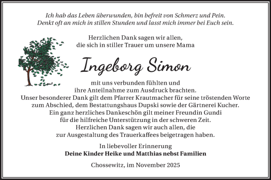 Traueranzeige von Ingeborg Simon von Märkische Oderzeitung