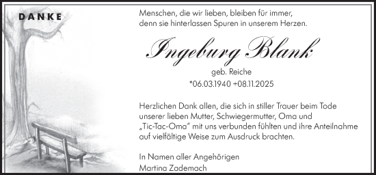 Traueranzeige von Ingeburg Blank von Blickpunkt Königs Wusterhausen