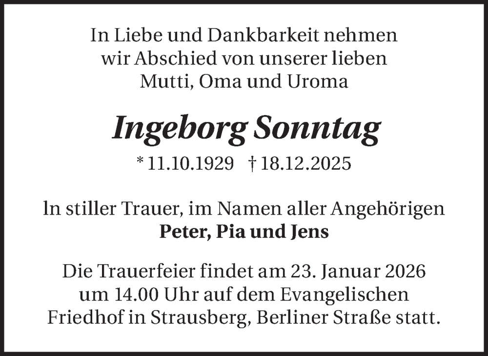  Traueranzeige für Ingeburg Sonntag vom 27.12.2025 aus Märkische Oderzeitung