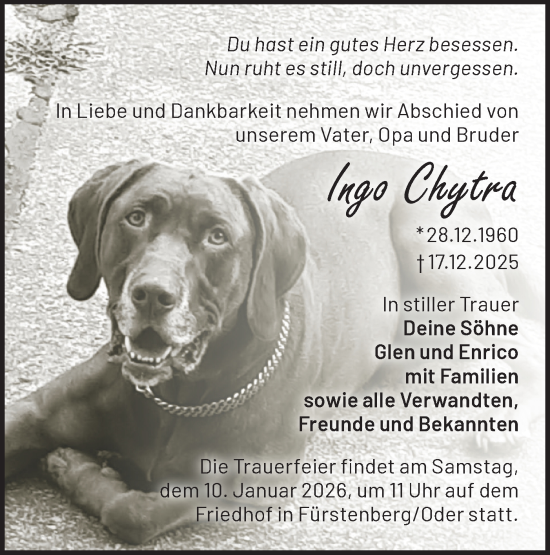 Traueranzeige von Ingo Chytra von Märkische Oderzeitung