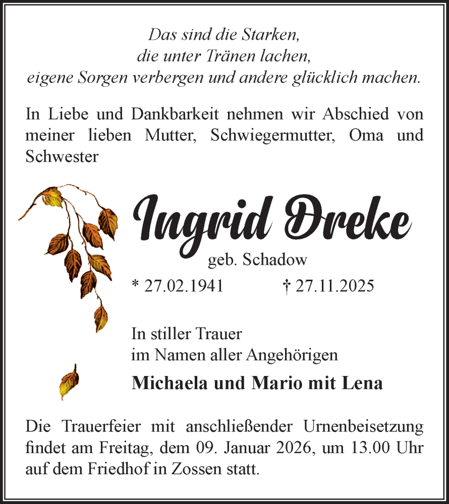  Traueranzeige für Ingrid Dreke vom 13.12.2025 aus Blickpunkt Ludwigsfelde/Zossen