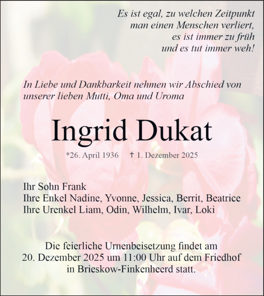  Traueranzeige für Ingrid Dukat vom 13.12.2025 aus Märkische Oderzeitung