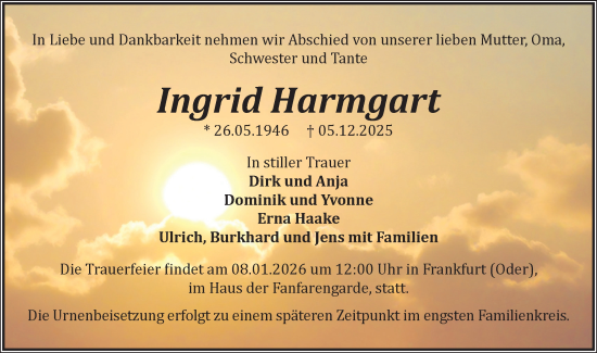 Traueranzeige von Ingrid Harmgart von Märkische Oderzeitung