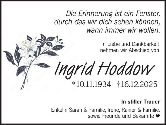 Traueranzeige von Ingrid Hoddow von Märkische Oderzeitung