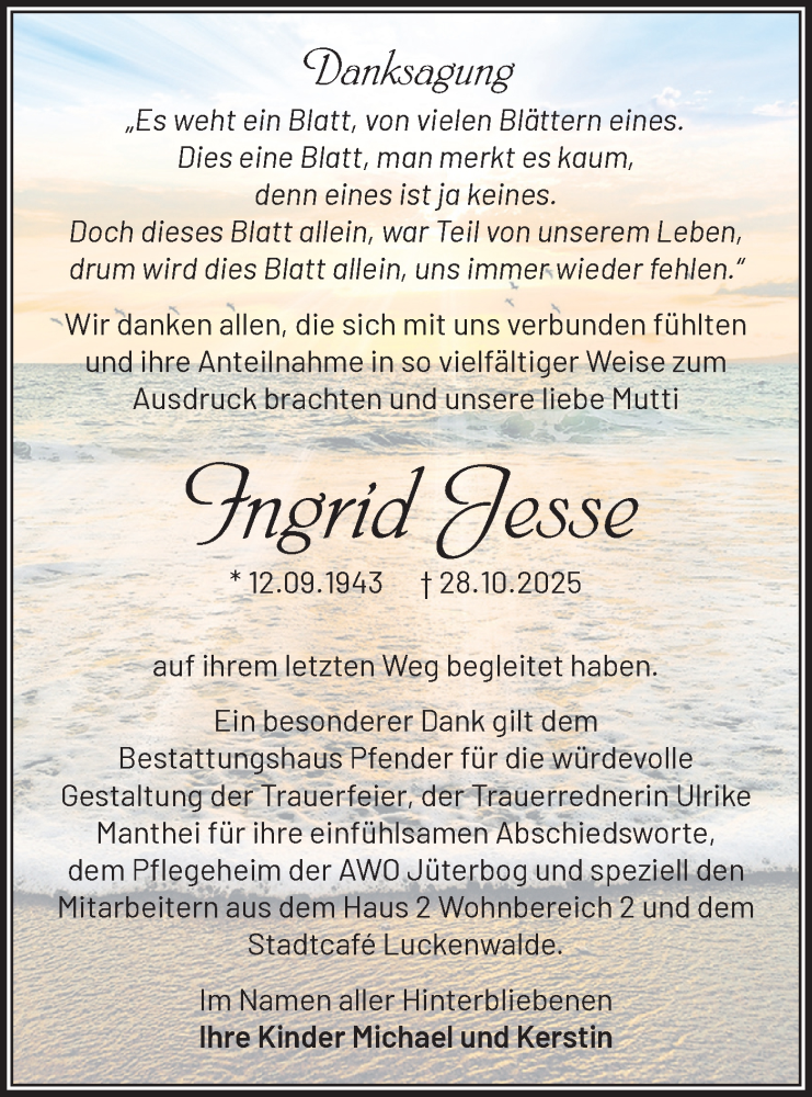  Traueranzeige für Ingrid Jesse vom 06.12.2025 aus Blickpunkt Jüterbog/Luckenwalde