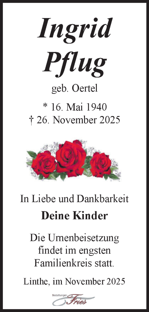 Traueranzeige von Ingrid Pflug von Märkische Oderzeitung
