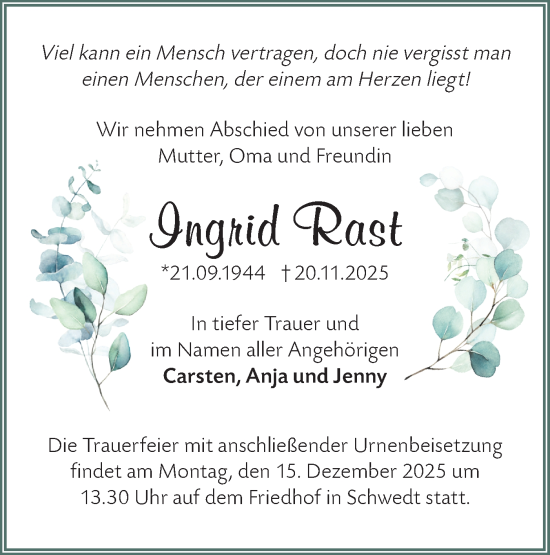 Traueranzeige von Ingrid Rast von Märkische Oderzeitung