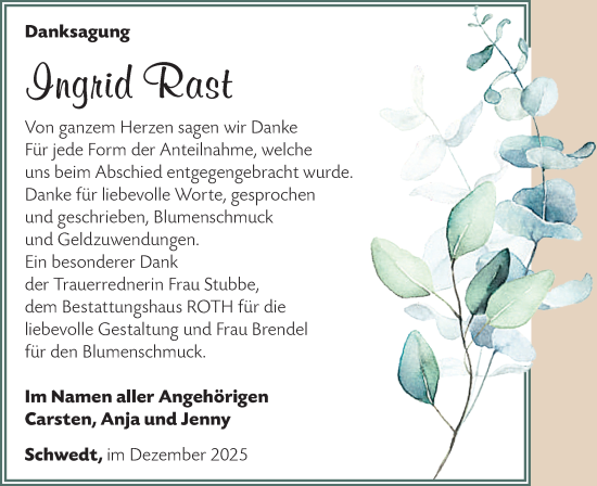 Traueranzeige von Ingrid Rast von Märkische Oderzeitung