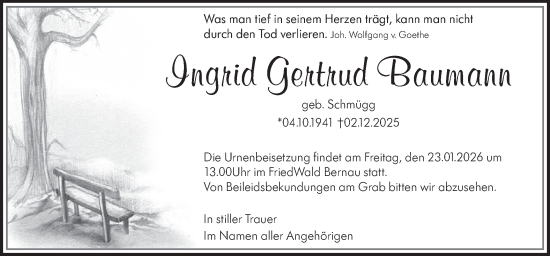 Traueranzeige von Ingrid Gertrud Baumann von Märkische Oderzeitung