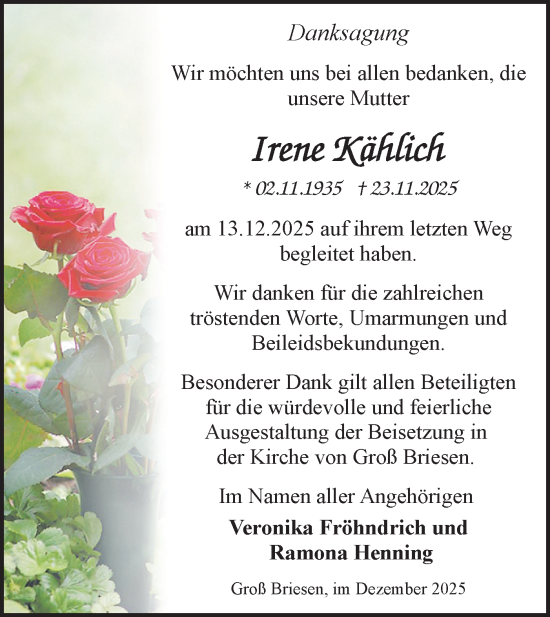 Traueranzeige von Irene Kählich von Märkische Oderzeitung