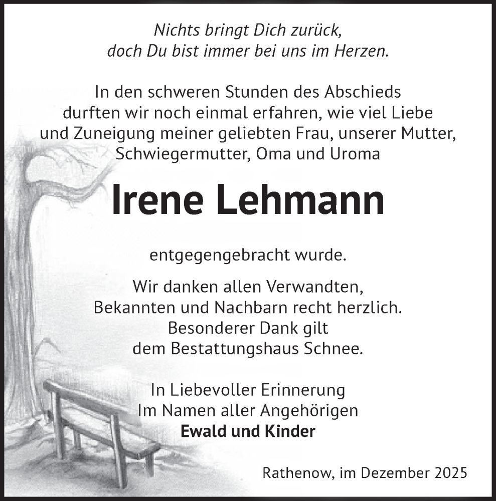  Traueranzeige für Irene Lehmann vom 13.12.2025 aus Märkische Oderzeitung