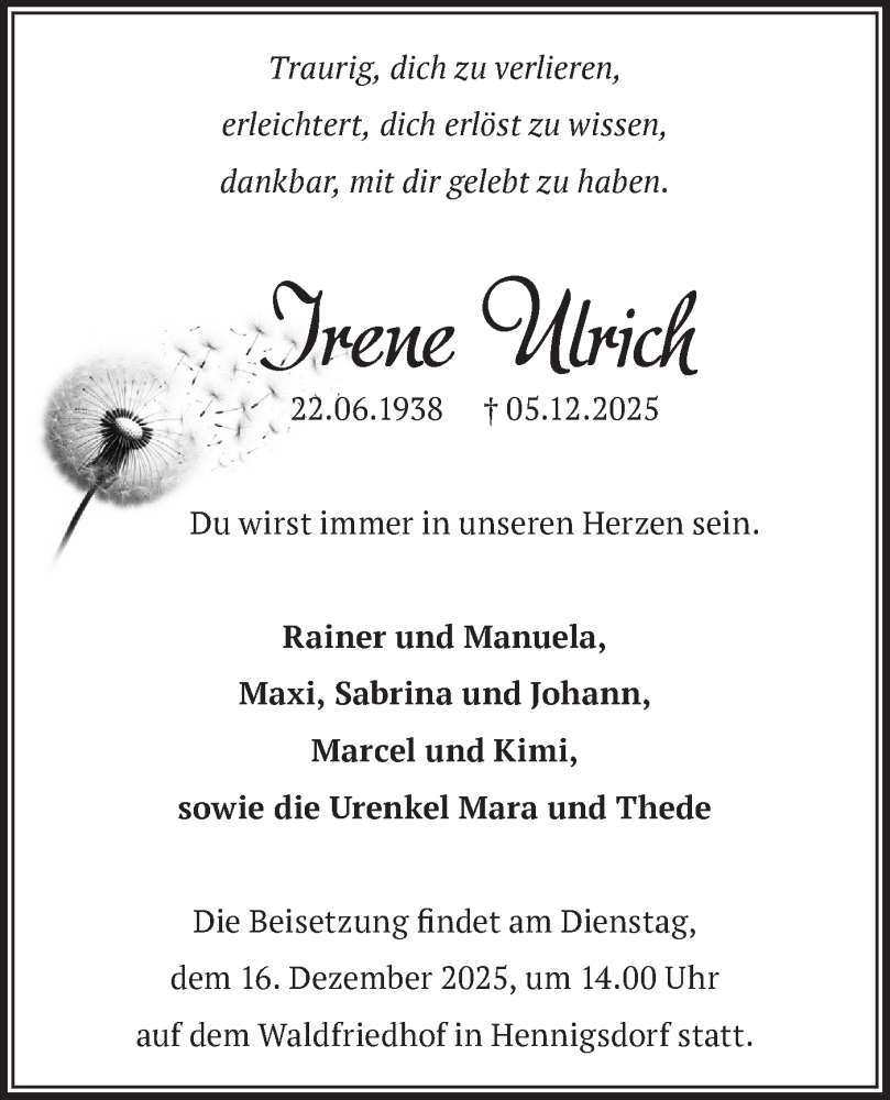  Traueranzeige für Irene Ulrich vom 13.12.2025 aus Märkische Oderzeitung