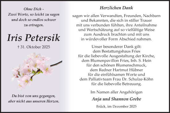 Traueranzeige von Iris Petersik von Märkische Oderzeitung