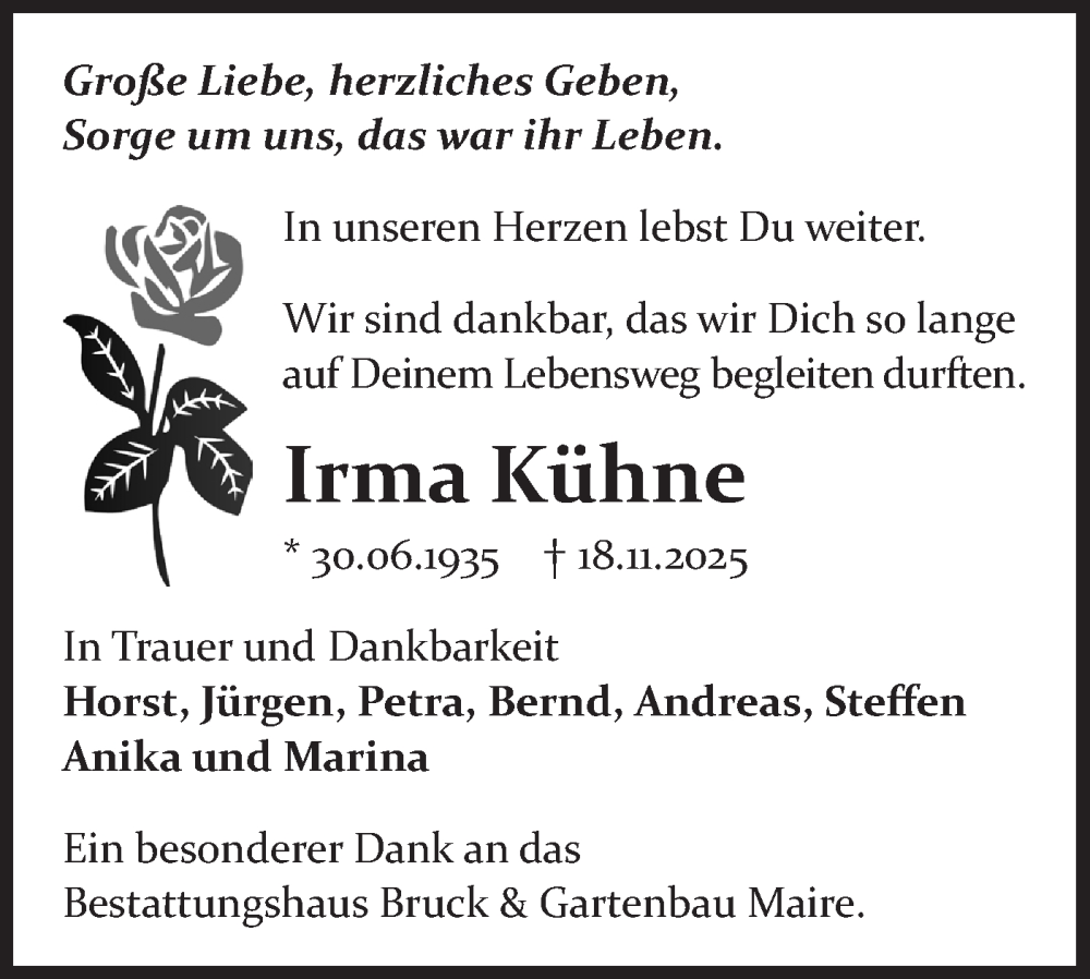  Traueranzeige für Irma Kühne vom 13.12.2025 aus Märkische Oderzeitung