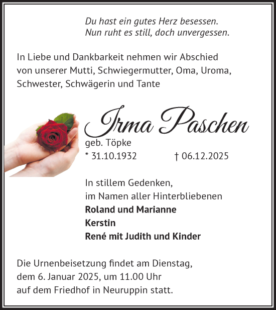 Traueranzeige von Irma Paschen von Märkische Oderzeitung