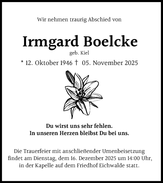 Traueranzeige von Irmgard Boelcke von Blickpunkt Königs Wusterhausen
