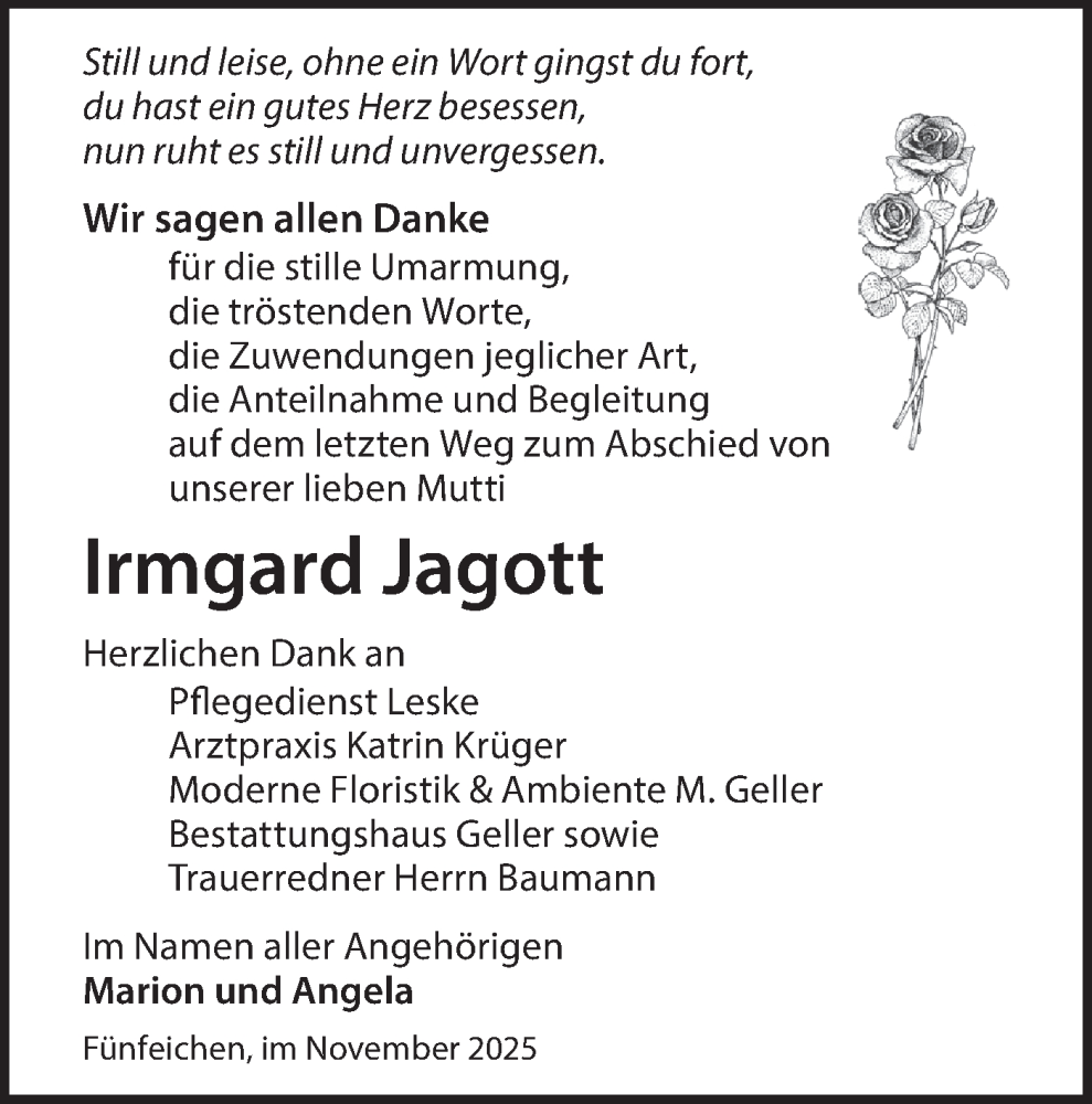  Traueranzeige für Irmgard Jagott vom 13.12.2025 aus Märkische Oderzeitung