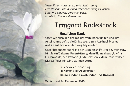 Traueranzeige von Irmgard Radestock von Blickpunkt Jüterbog/Luckenwalde