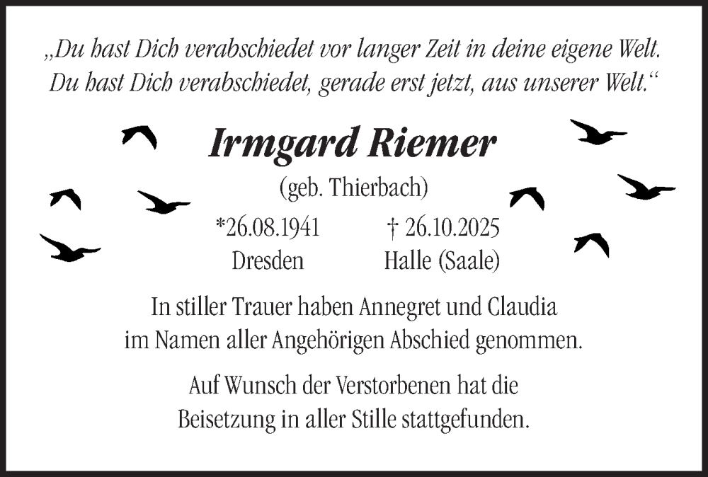  Traueranzeige für Irmgard Riemer vom 13.12.2025 aus Märkische Oderzeitung