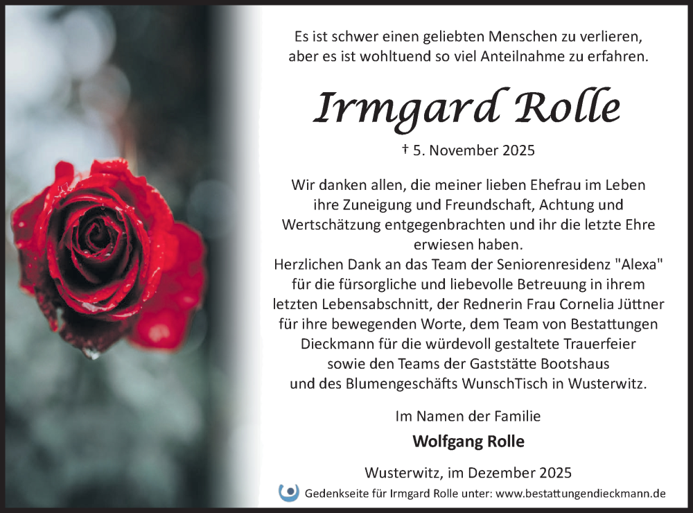  Traueranzeige für Irmgard Rolle vom 13.12.2025 aus Märkische Oderzeitung