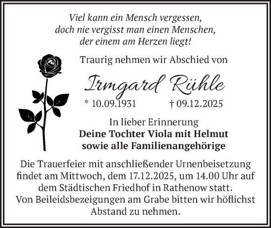 Traueranzeige von Irmgard Rühle von Märkische Oderzeitung