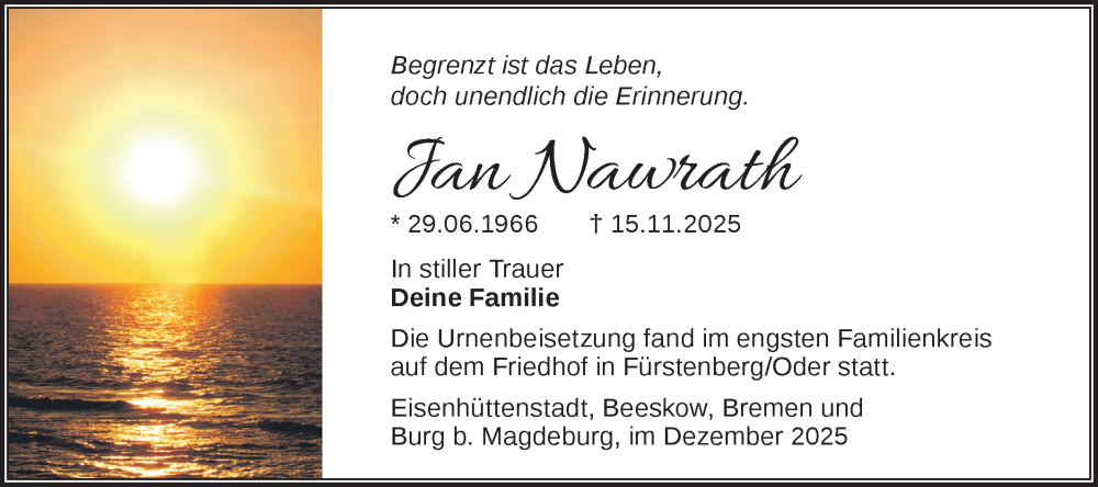  Traueranzeige für Jan Nawrath vom 13.12.2025 aus Märkische Oderzeitung