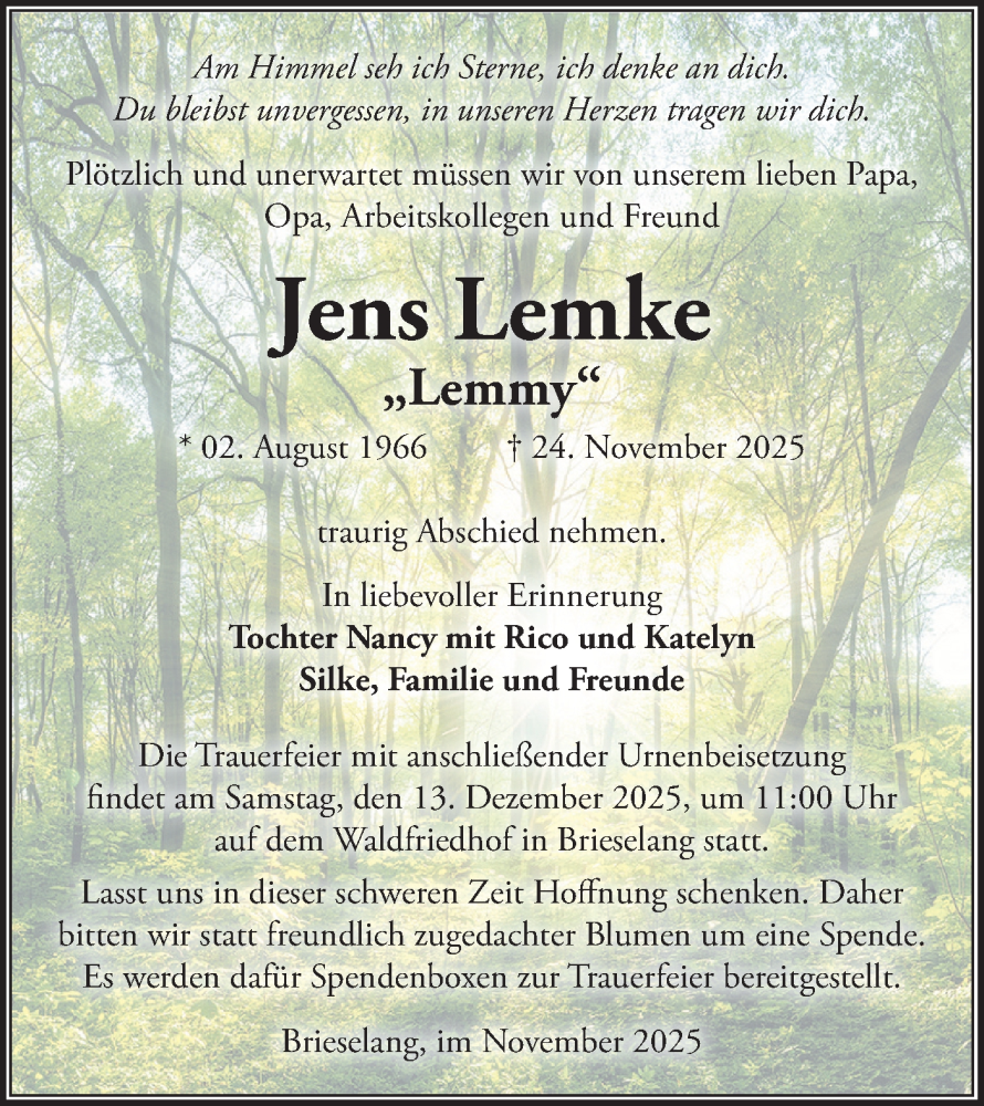  Traueranzeige für Jens Lemke vom 06.12.2025 aus Märkische Oderzeitung