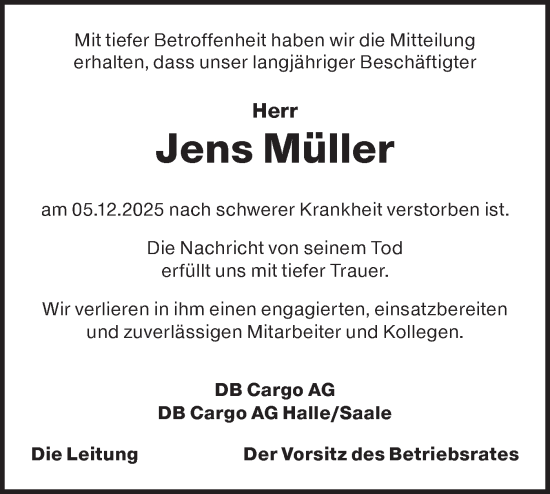 Traueranzeige von Jens Müller von Märkische Oderzeitung