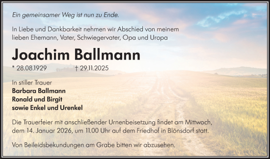 Traueranzeige von Joachim Ballmann von Blickpunkt Jüterbog/Luckenwalde
