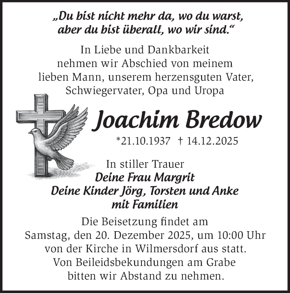  Traueranzeige für Joachim Bredow vom 18.12.2025 aus Märkische Oderzeitung