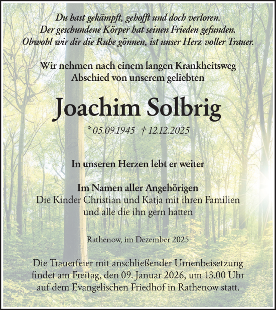 Traueranzeige von Joachim Solbrig von Märkische Oderzeitung