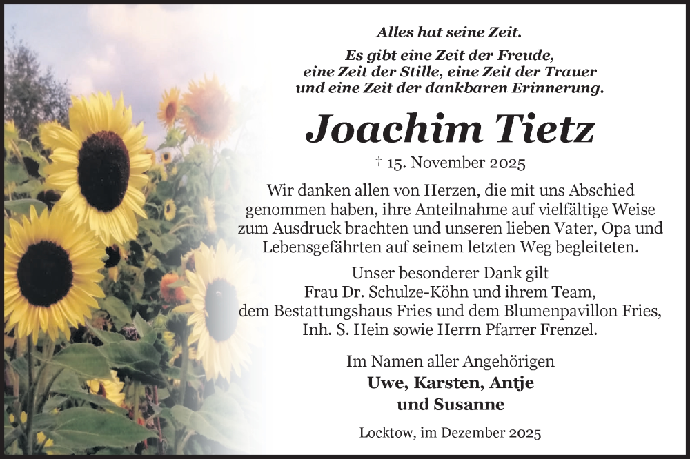  Traueranzeige für Joachim Tietz vom 27.12.2025 aus Märkische Oderzeitung