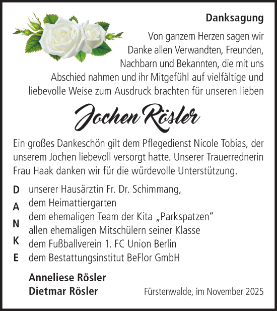 Traueranzeige von Jochen Rösler von Märkische Oderzeitung