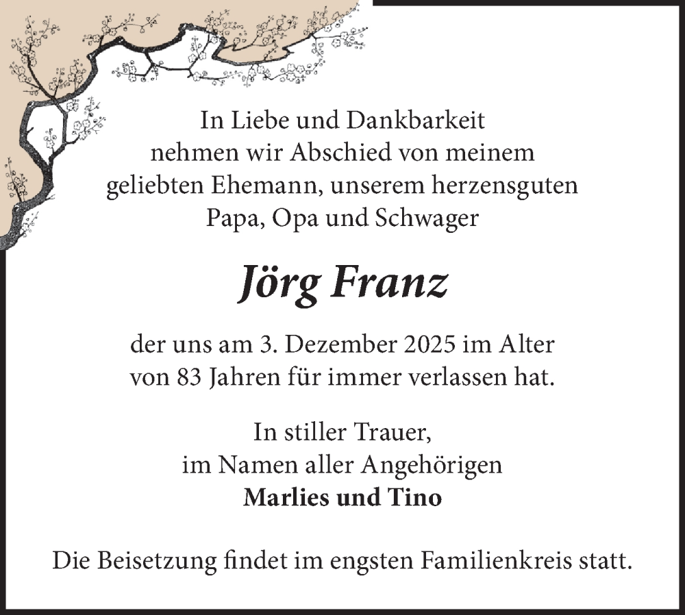  Traueranzeige für Jörg Franz vom 13.12.2025 aus MO Uckerm.-Anz.