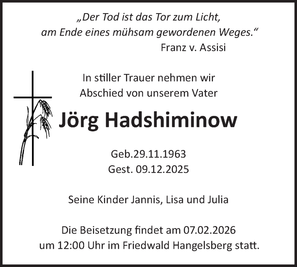  Traueranzeige für Jörg Hadshiminow vom 20.12.2025 aus Märkische Oderzeitung