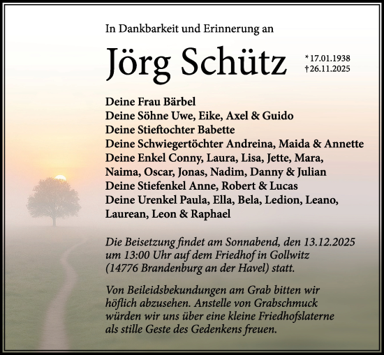 Traueranzeige von Jörg Schütz von Märkische Oderzeitung