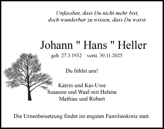 Traueranzeige von Johann Heller von Blickpunkt Königs Wusterhausen