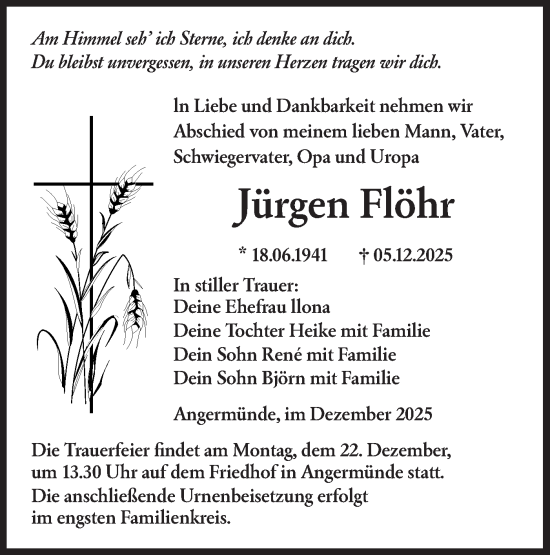 Traueranzeige von Jürgen Flöhr von MO Uckerm.-Anz.