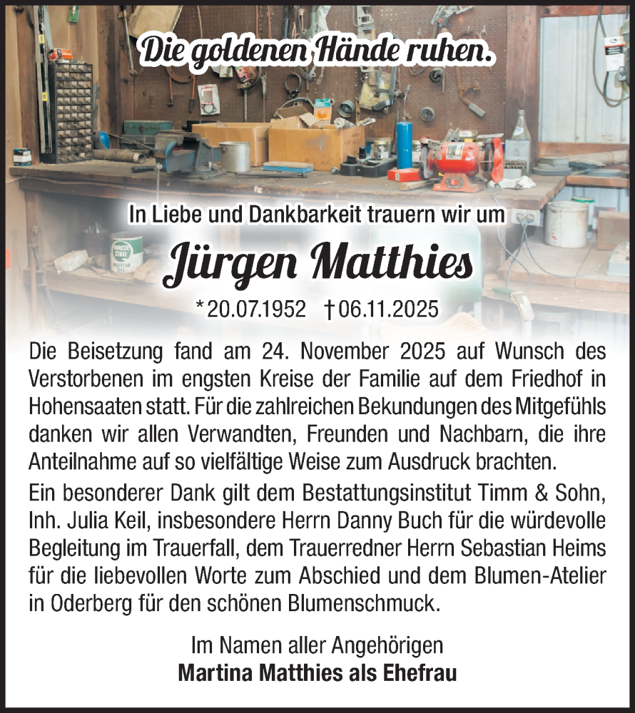  Traueranzeige für Jürgen Matthies vom 06.12.2025 aus Märkische Oderzeitung