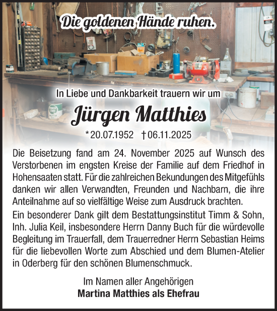 Traueranzeige von Jürgen Matthies von Märkische Oderzeitung