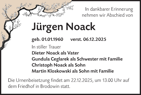 Traueranzeige von Jürgen Noack von Märkische Oderzeitung
