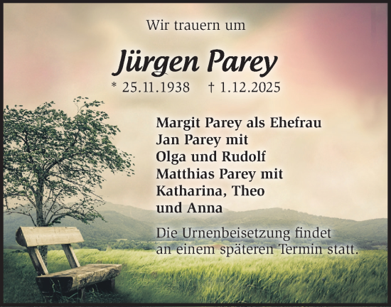Traueranzeige von Jürgen Parey von Märkische Oderzeitung