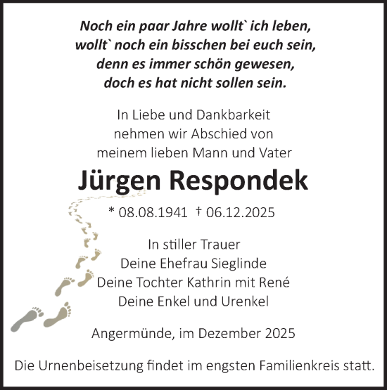 Traueranzeige von Jürgen Respondek von Märkische Oderzeitung